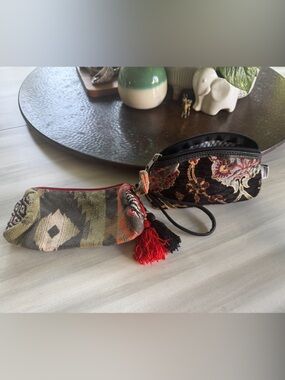 Woven Floral Wristlet in Black & Multicolor and Boho woven cylindrical pouch